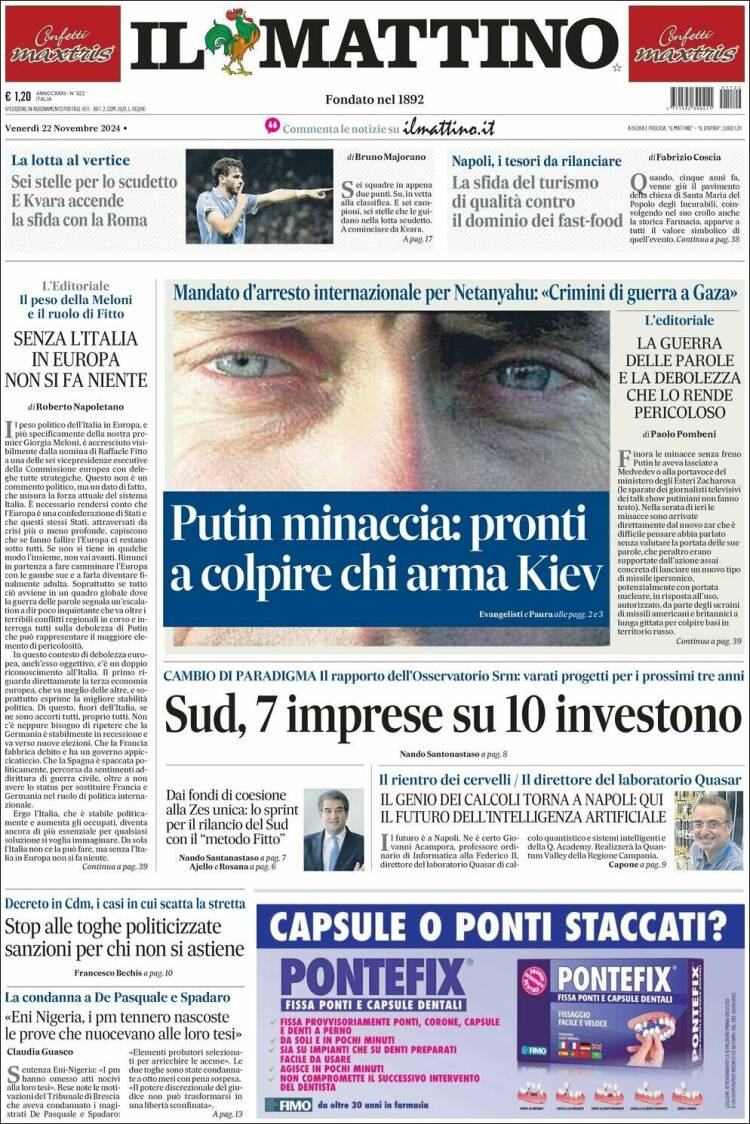 Portada de Il Mattino (Italia)