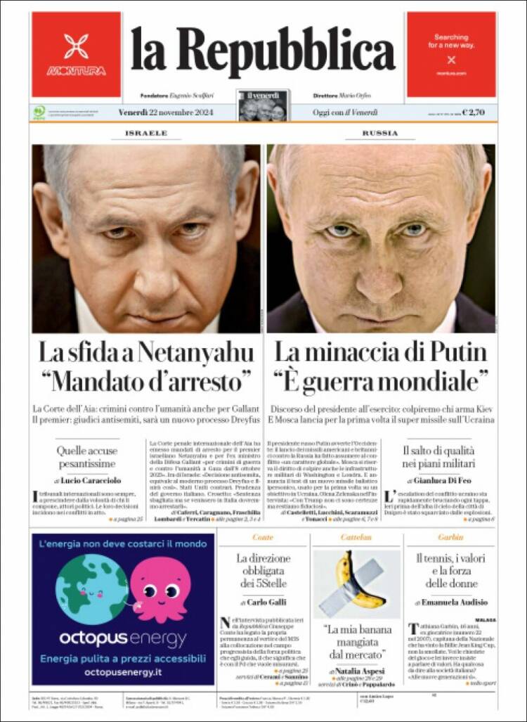 Portada de La Repubblica (Italia)