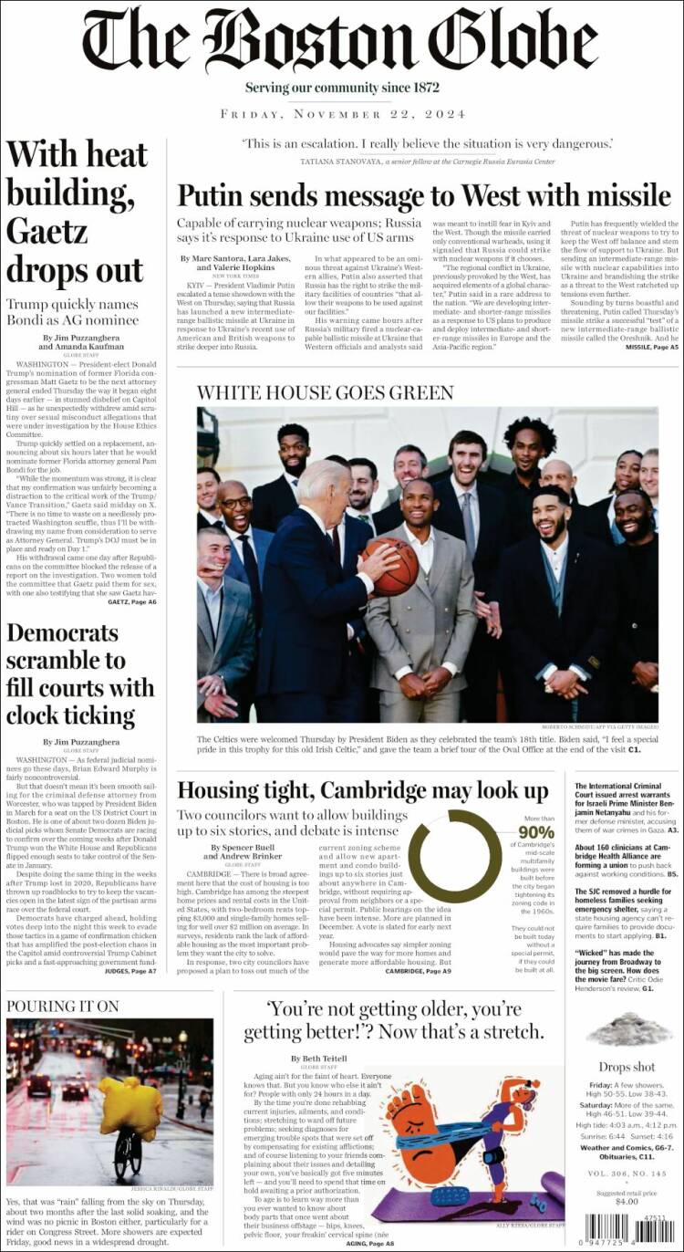 Portada de Boston Globe (USA)