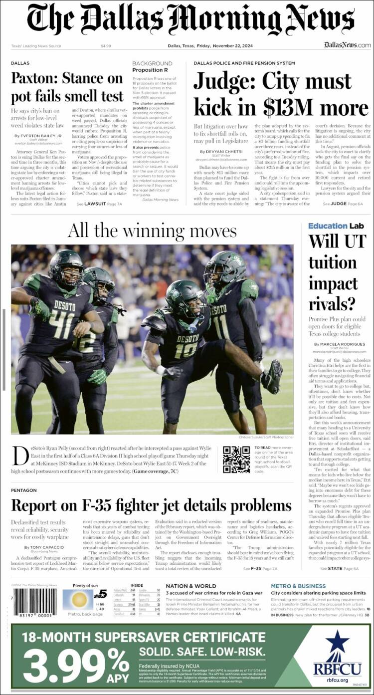 Portada de Dallas Morning News (USA)