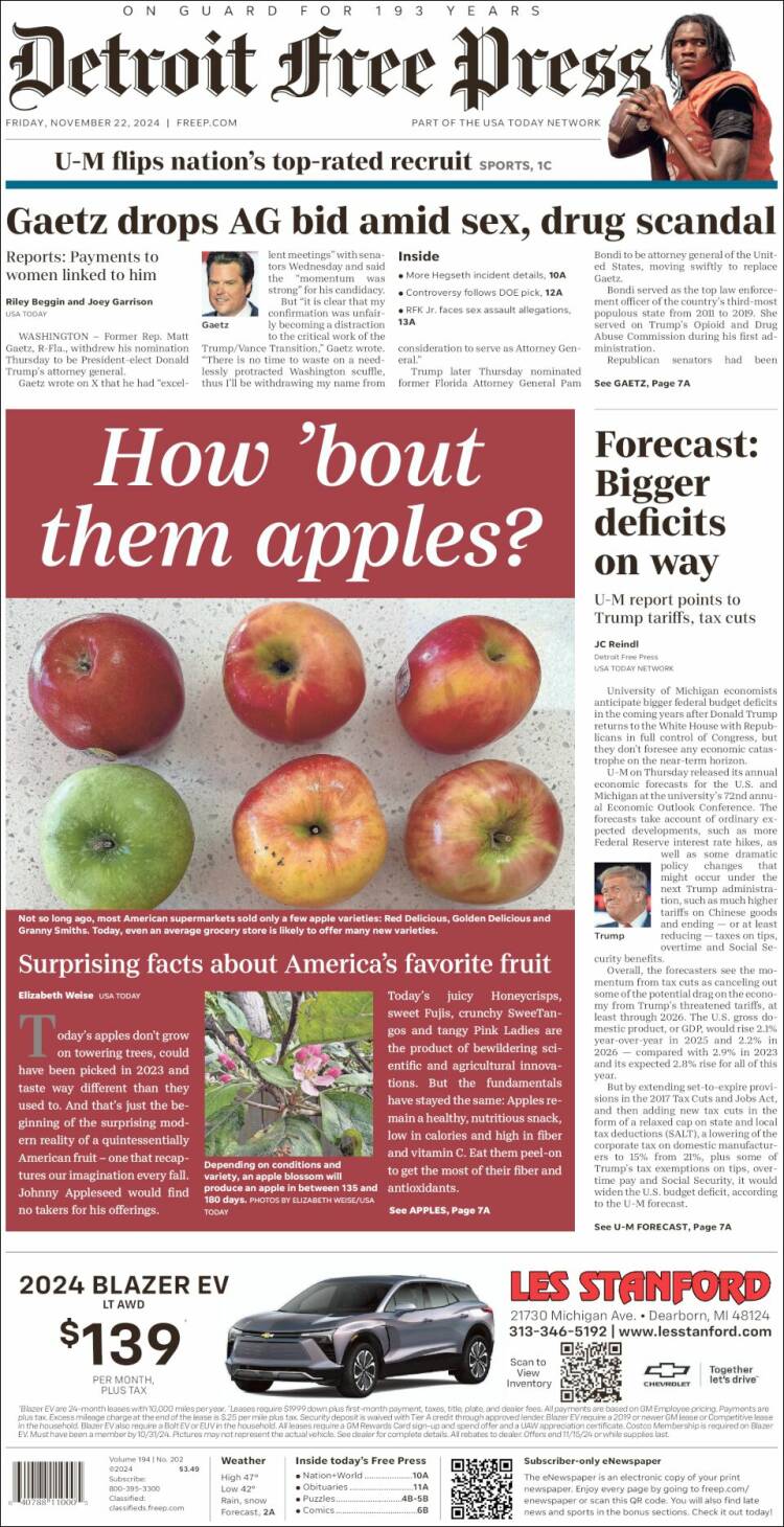 Portada de Detroit Free Press (USA)