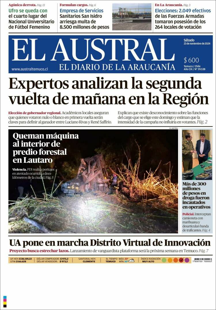 Portada de El Austral de Temuco (Chile)