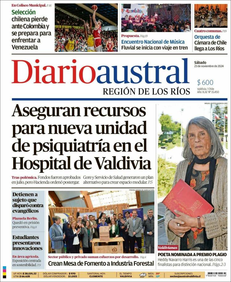 Portada de El Diario Austral de Valdivia (Chile)