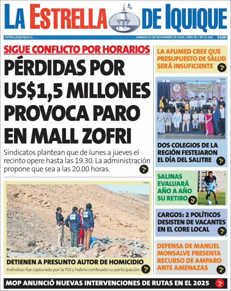 Portada de La Estrella de Iquique (Chile)