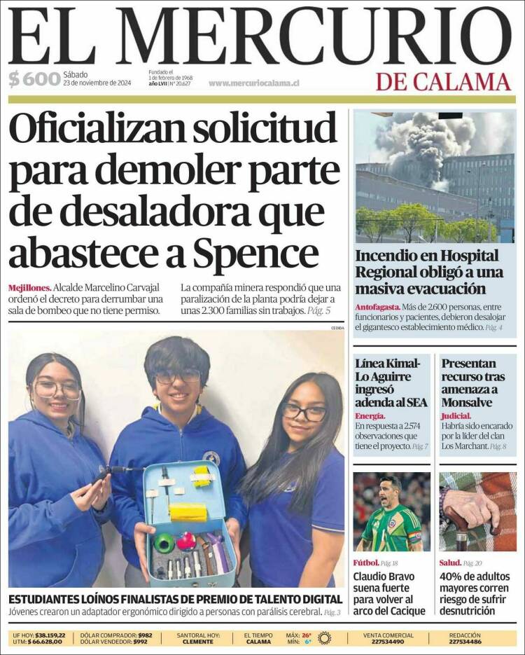 Portada de El Mercurio - Calama (Chile)