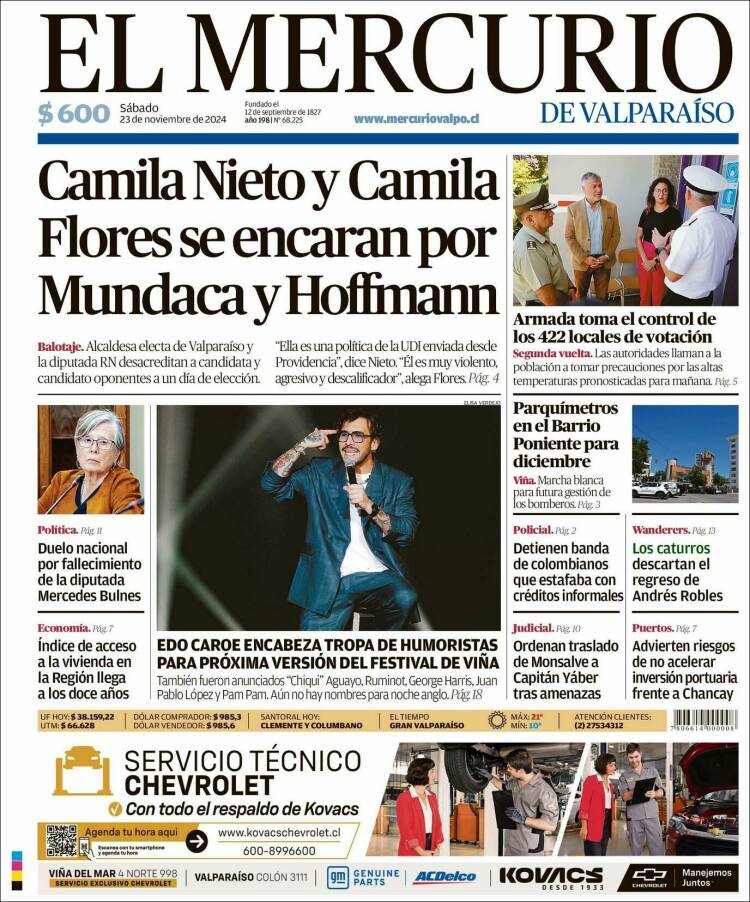 Portada de Mercurio de Valparaiso (Chile)