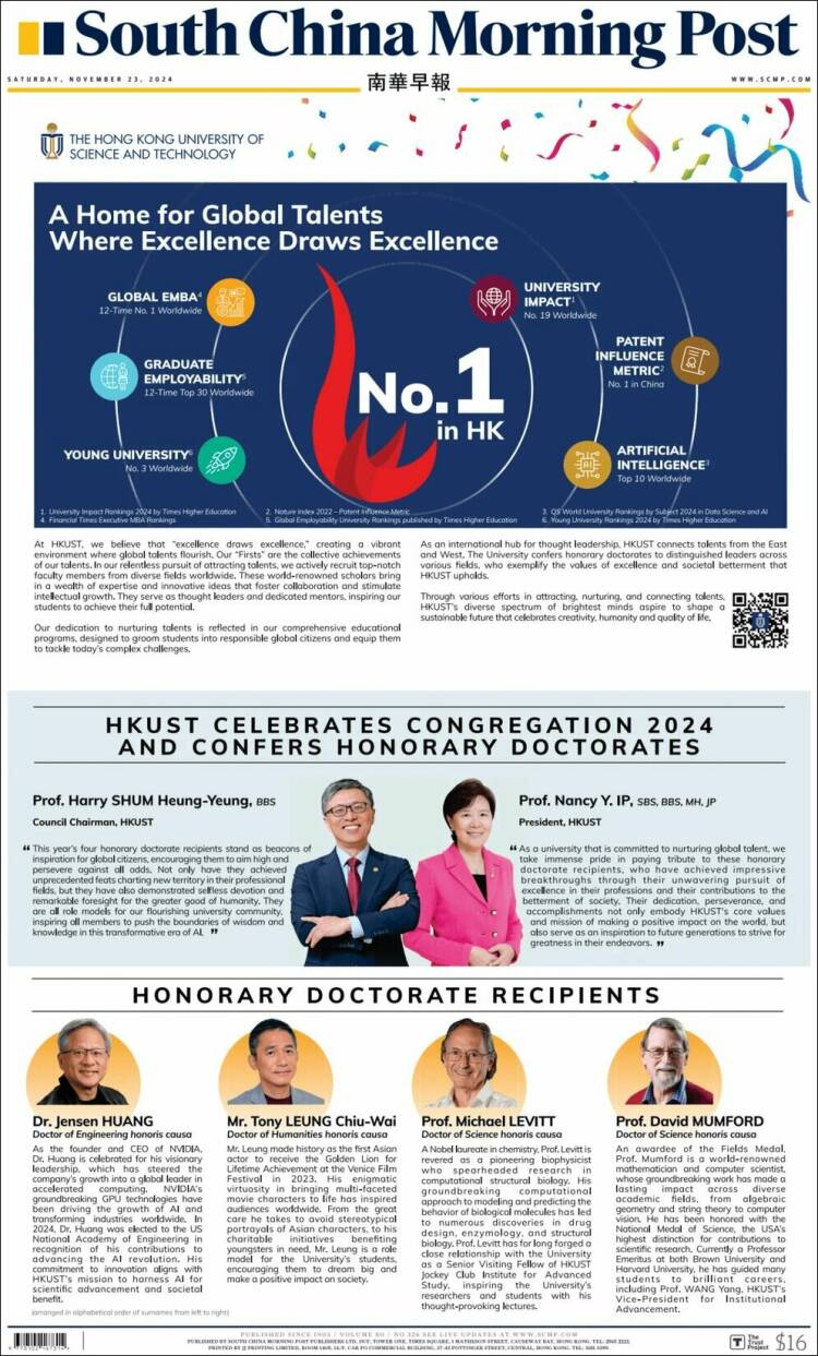 Portada de South China Morning Post (China)