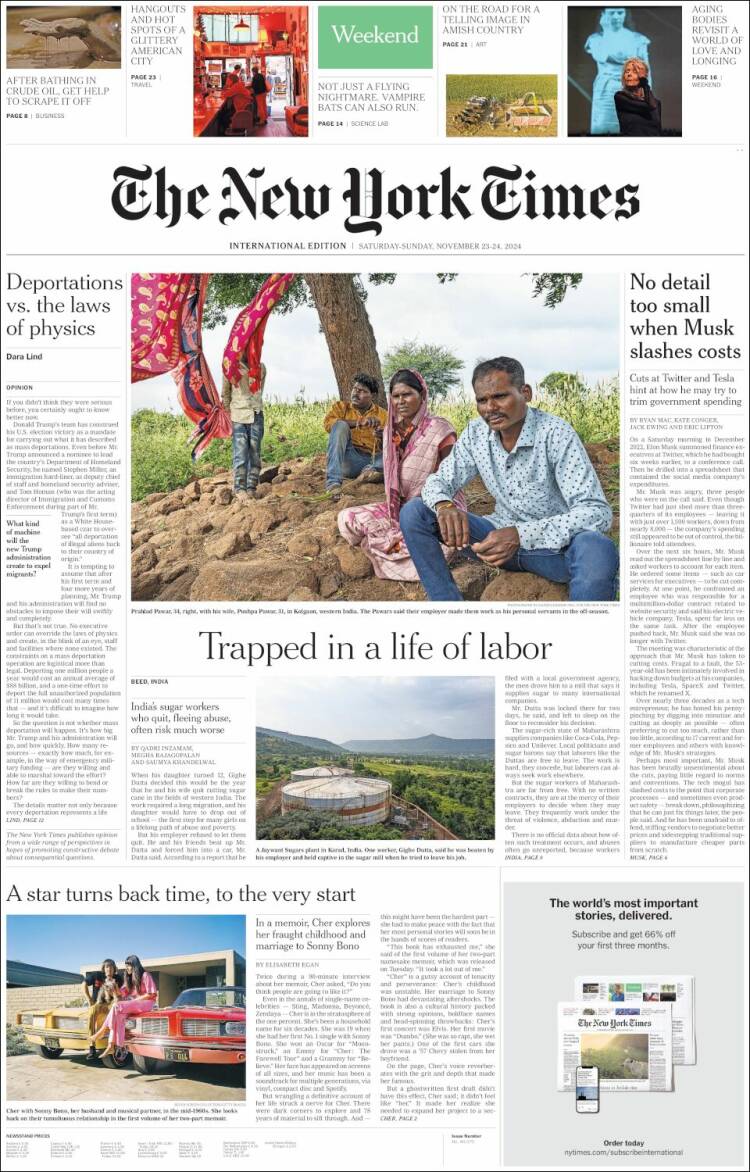 Portada de International New York Times (Europa)