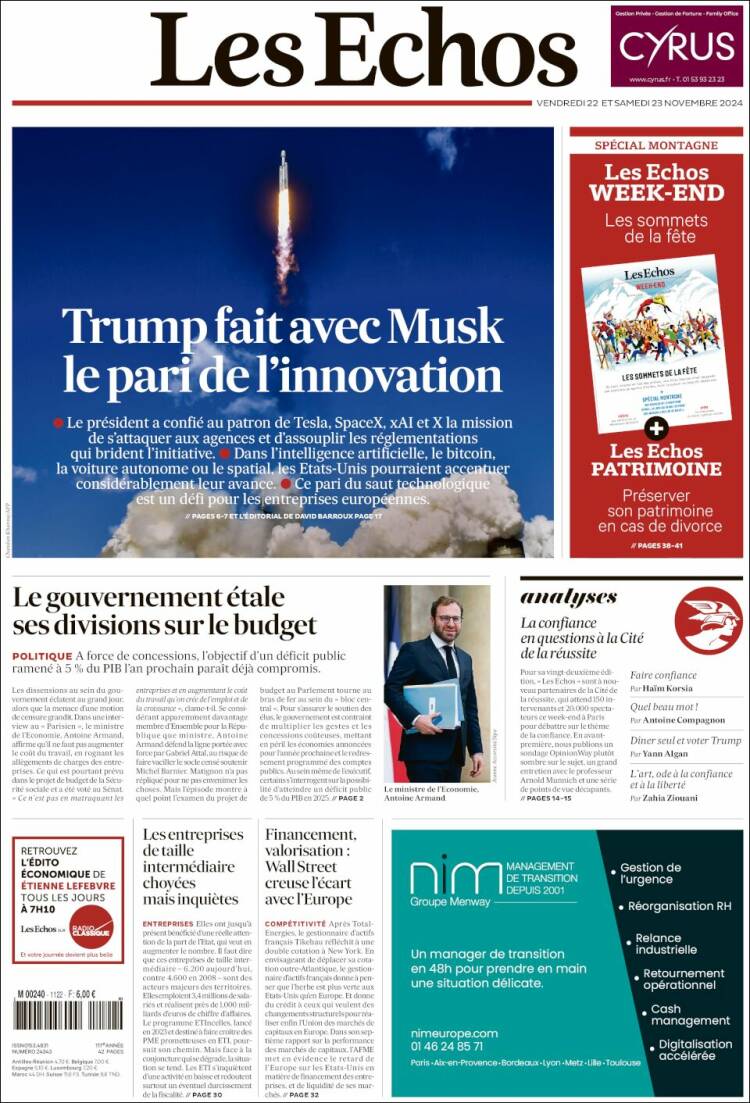 Portada de Les Echos (Francia)