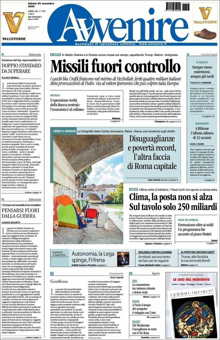 Portada de Avvenire (Italia)