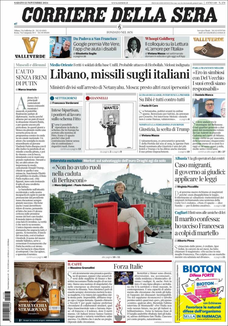 Portada de Corriere della Sera (Italia)