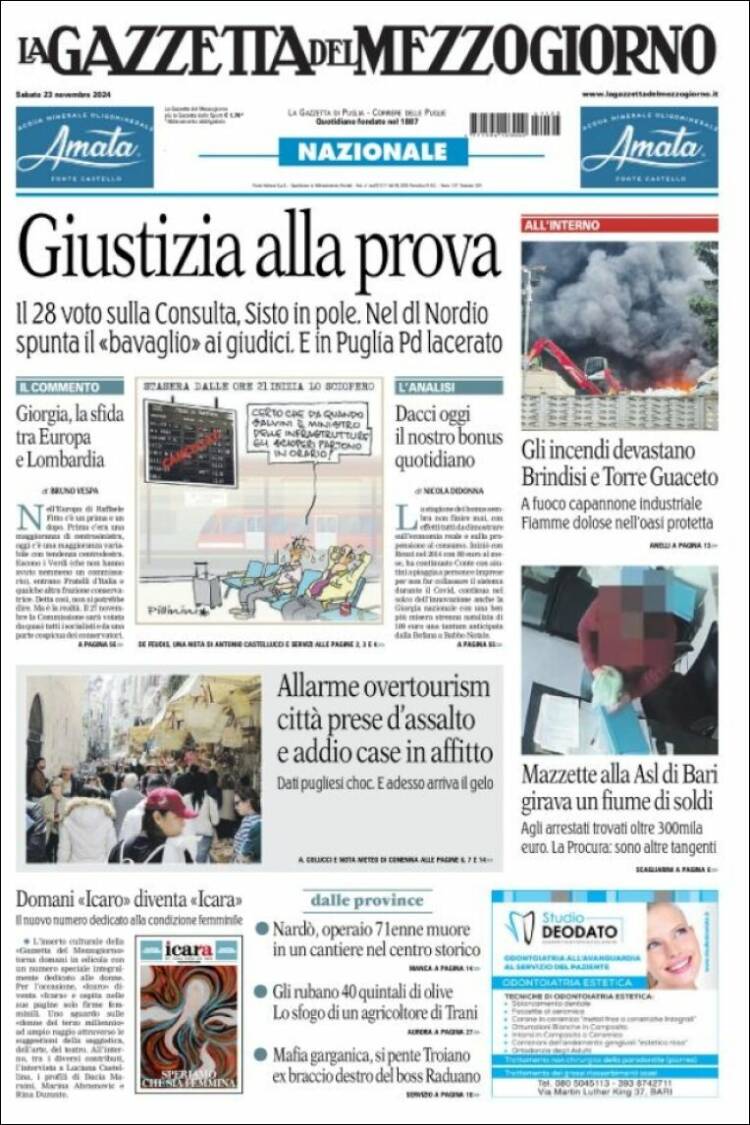 Portada de La Gazzetta del Mezzogiorno (Italia)