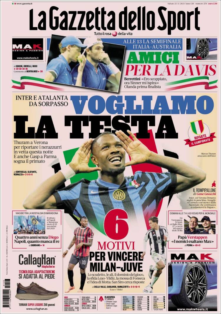 Portada de La Gazzetta dello Sport (Italia)