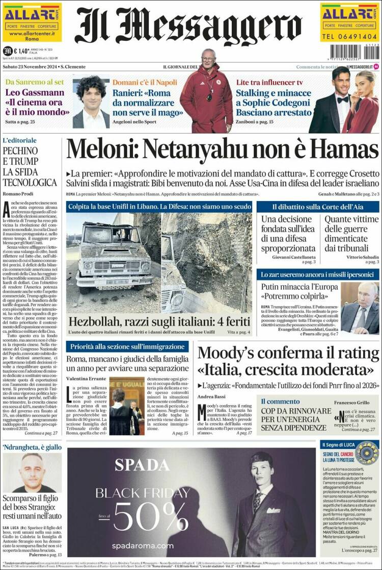 Portada de Il Messaggero (Italia)
