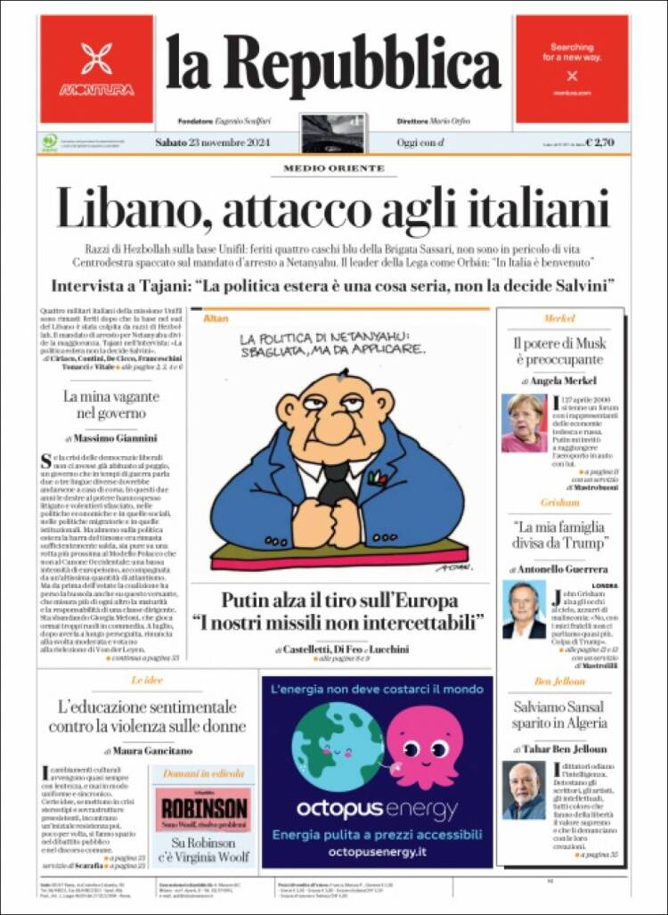 Portada de La Repubblica (Italia)