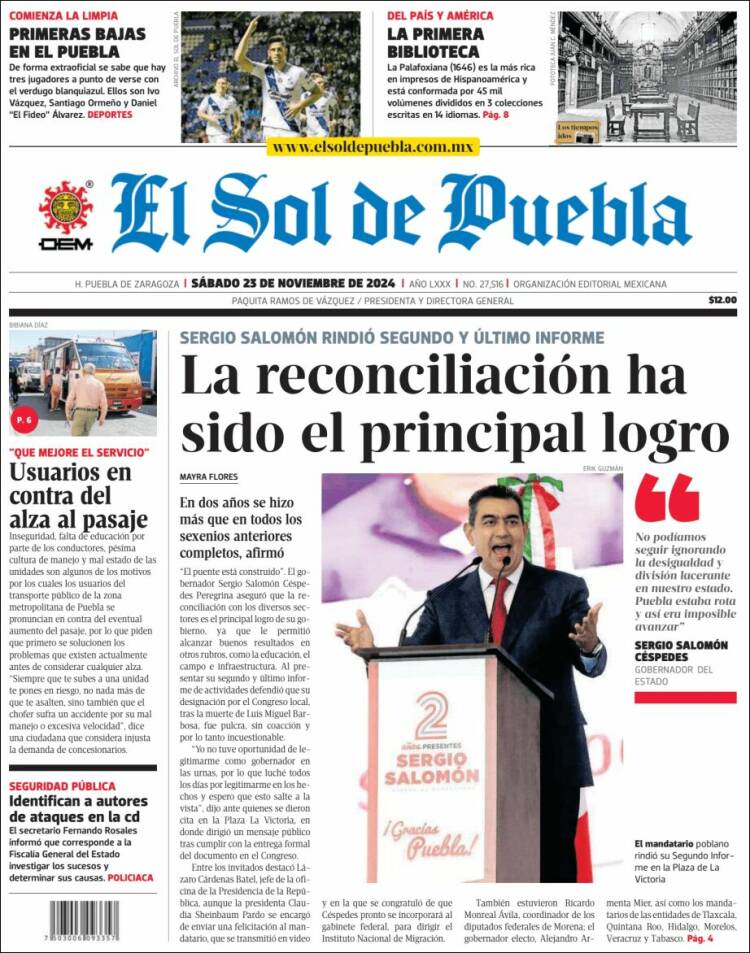 Portada de El Sol de Puebla (M&eacute;xico)