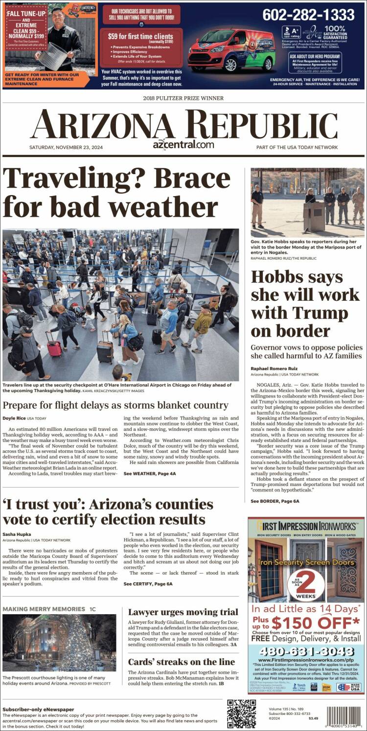 Portada de Arizona Republic News (USA)