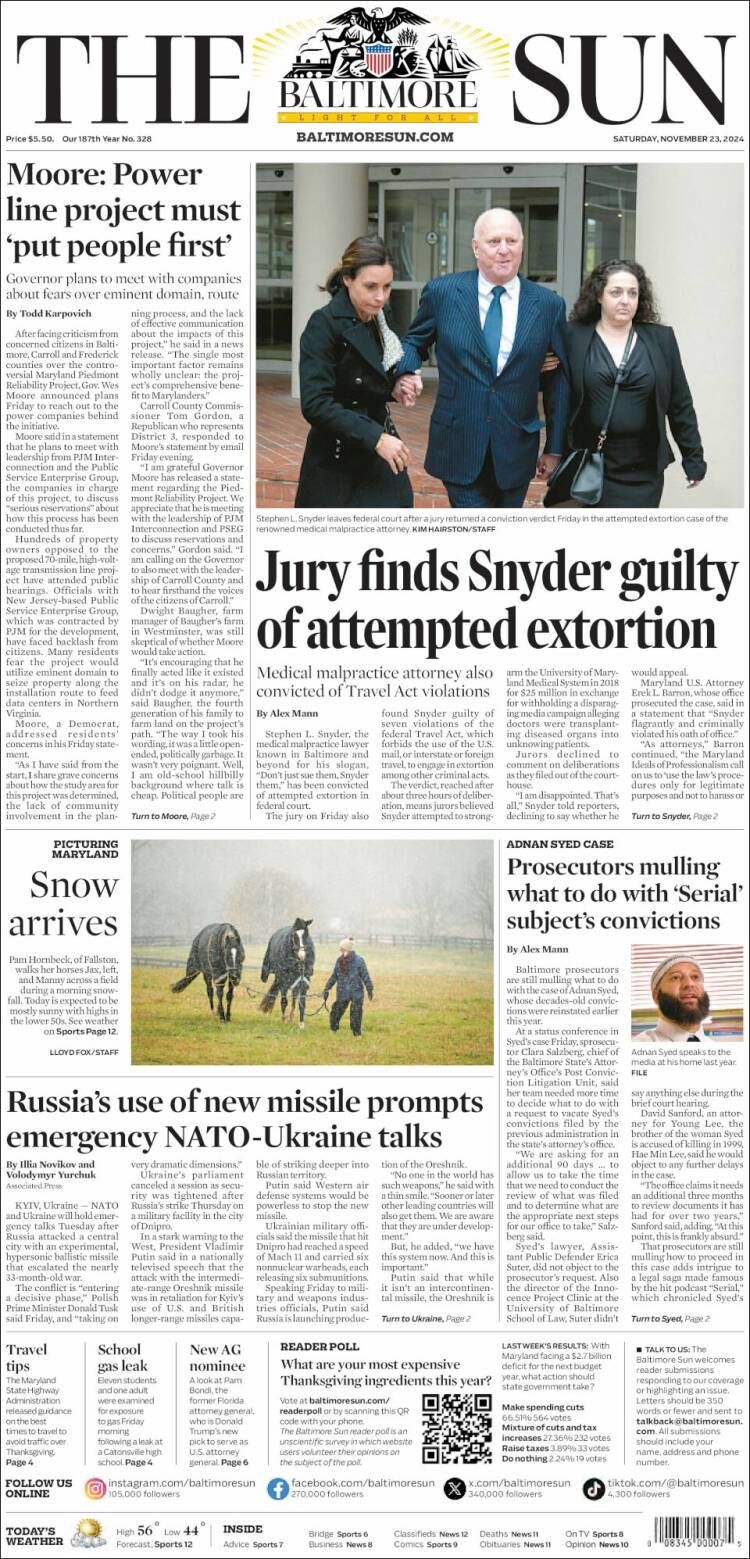 Portada de The Baltimore Sun (USA)