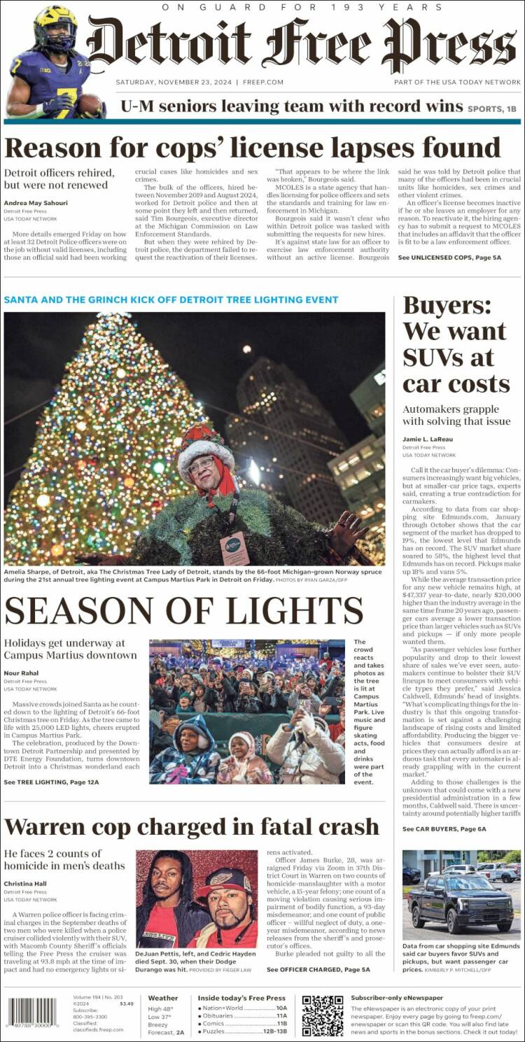 Portada de Detroit Free Press (USA)