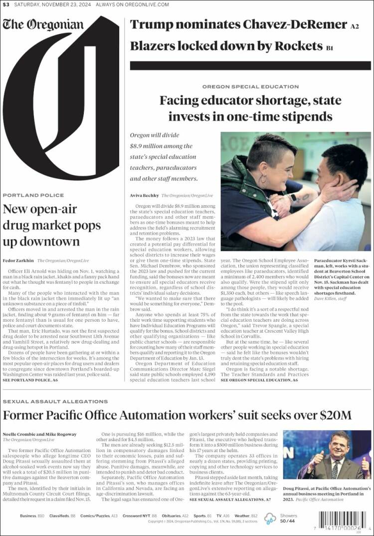 Portada de The Oregonian (USA)