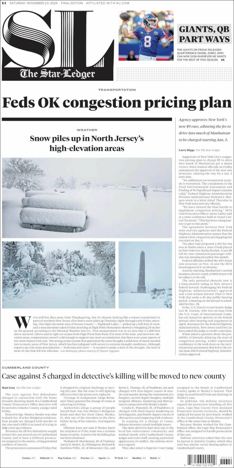 Portada de Star-Ledger (USA)