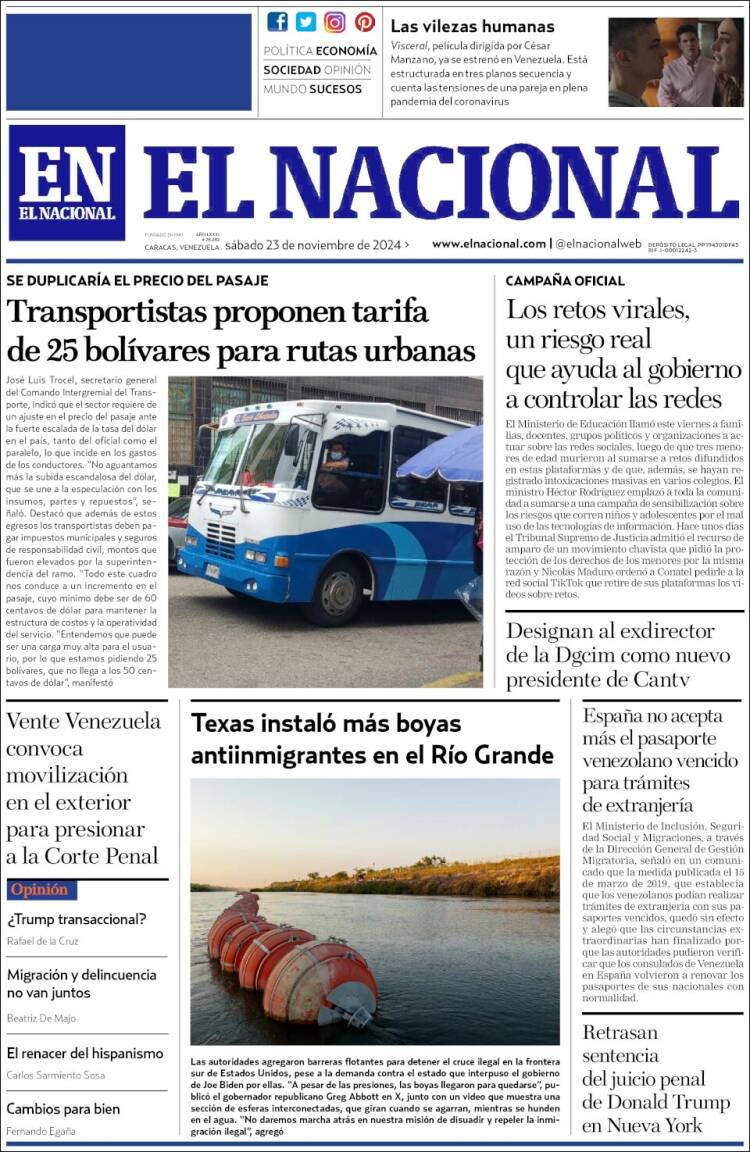 Portada de El Nacional (Venezuela)