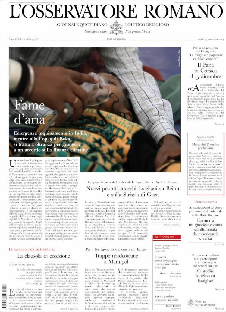 Portada de L'Osservatore Romano (Italia)