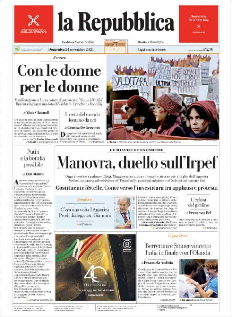 Portada de La Repubblica (Italia)
