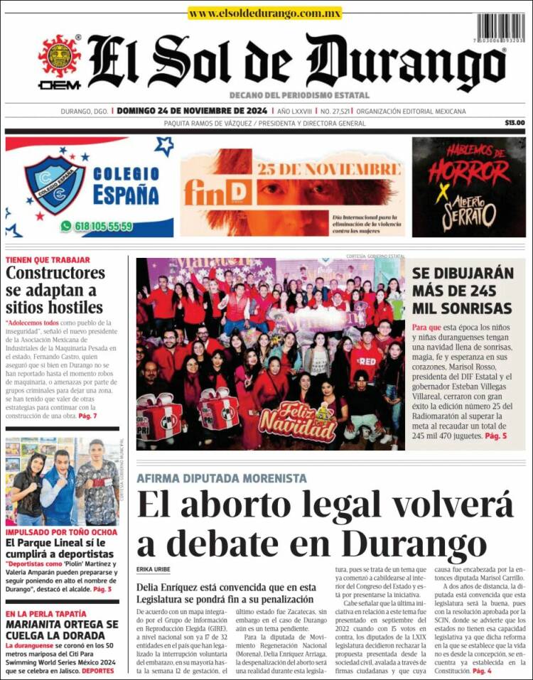 Portada de El Sol de Durango (México)