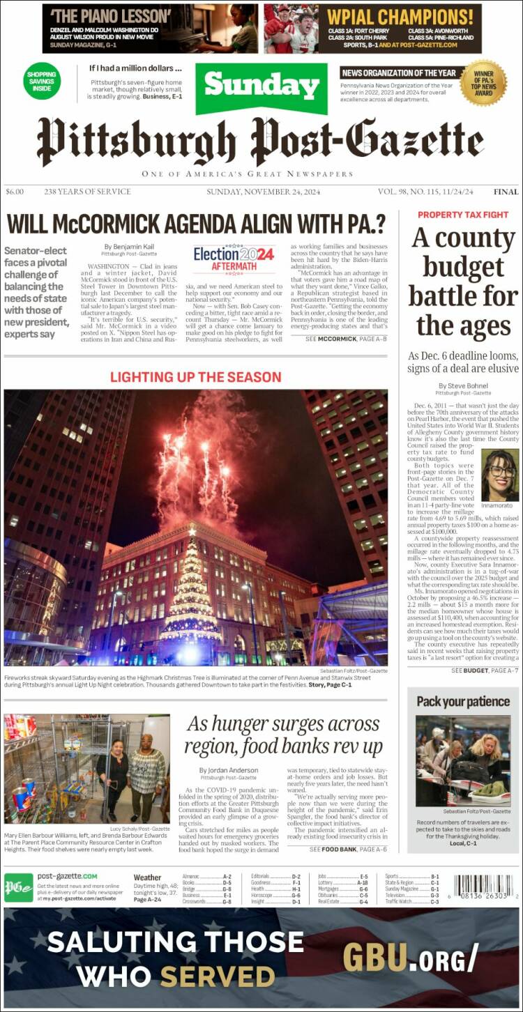 Portada de Pittsburgh Post-Gazette (USA)