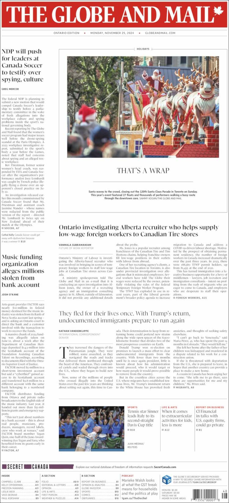 Portada de The Globe and Mail (Canadá)