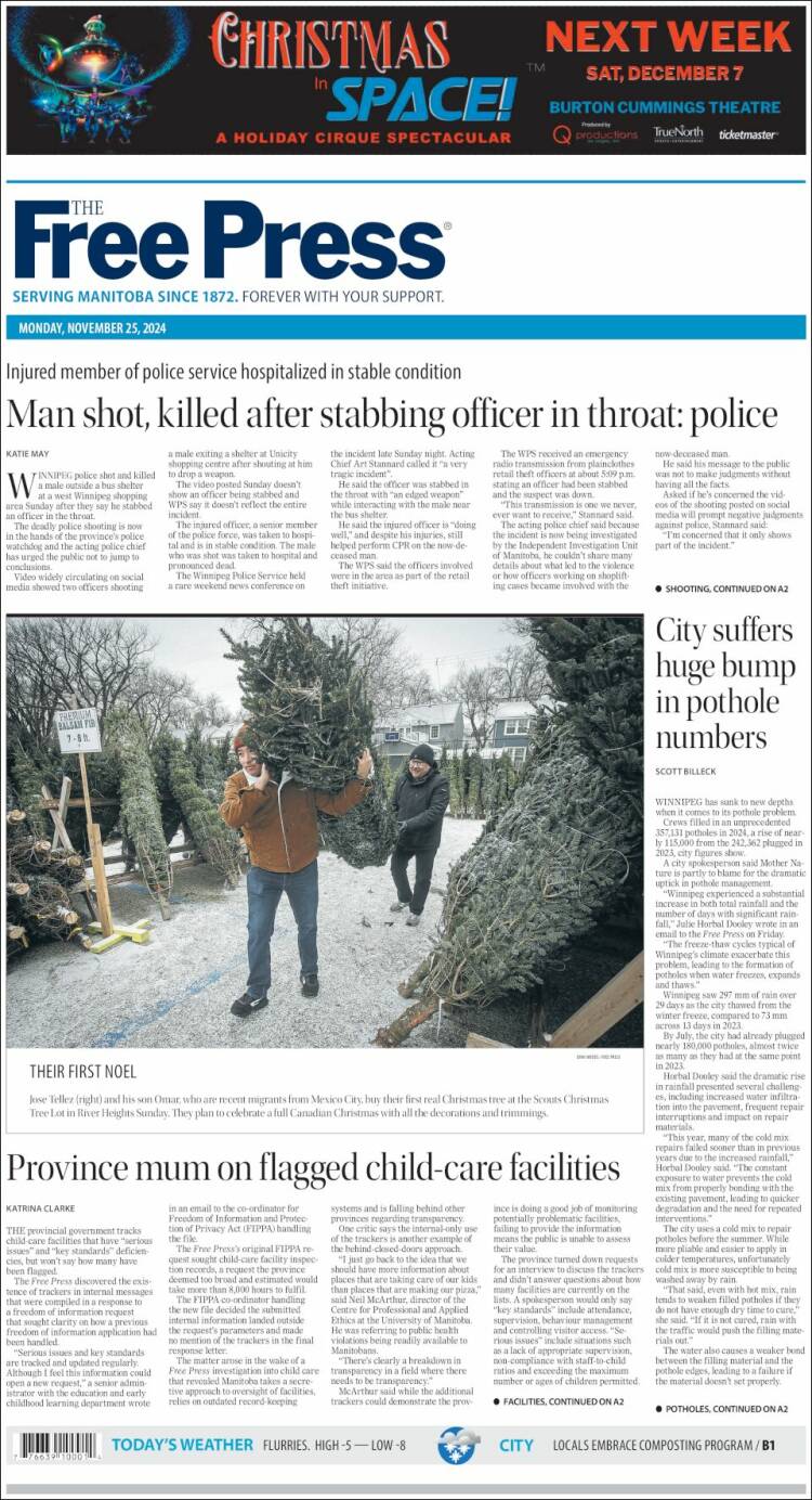 Portada de Winnipeg Free Press (Canadá)