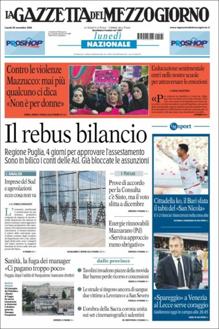 Portada de La Gazzetta del Mezzogiorno (Italia)