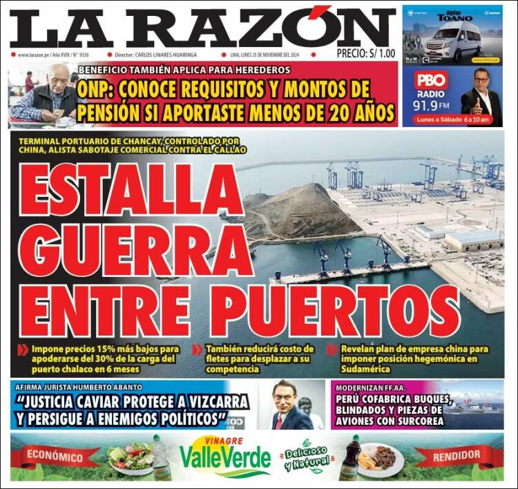 Portada de La Razón (Per&uacute;)