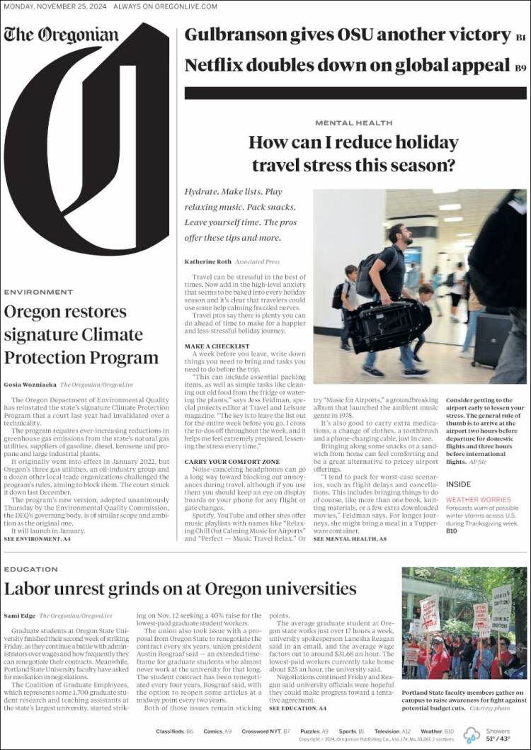 Portada de The Oregonian (USA)