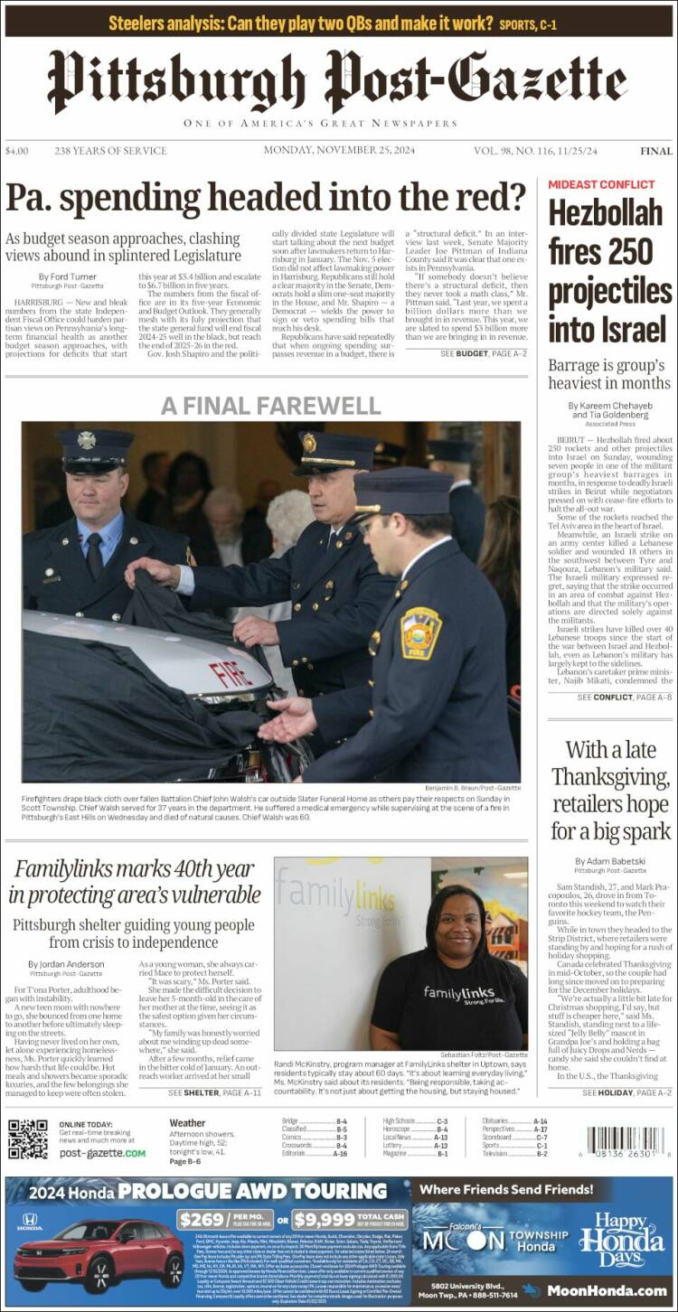 Portada de Pittsburgh Post-Gazette (USA)