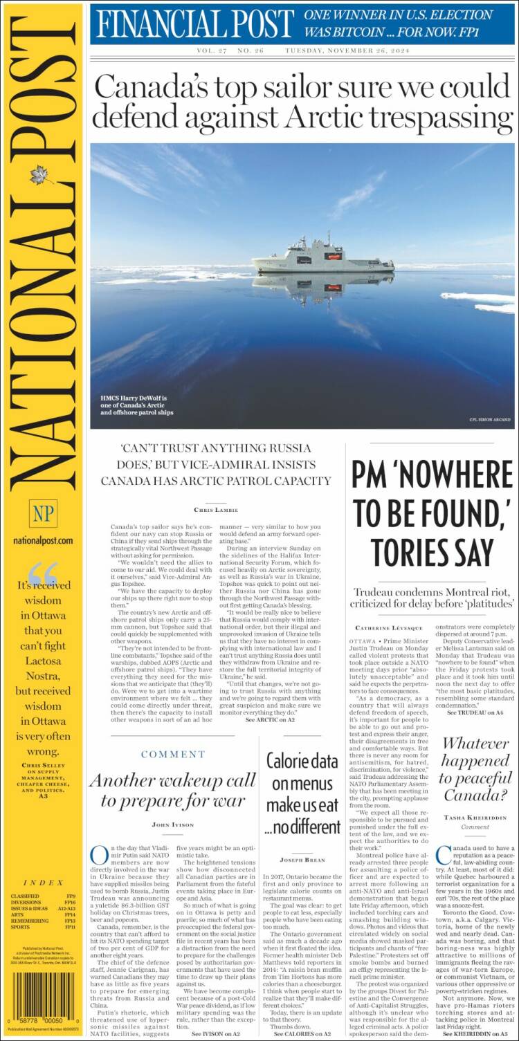 Portada de The National Post (Canadá)