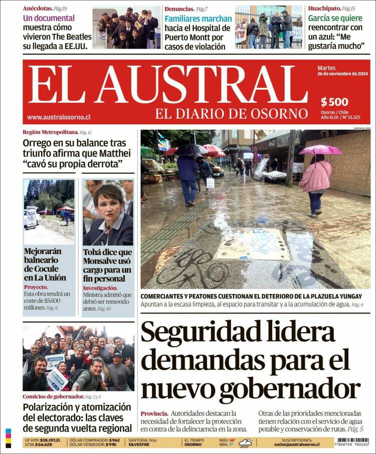 Portada de El Austral de Osorno (Chile)