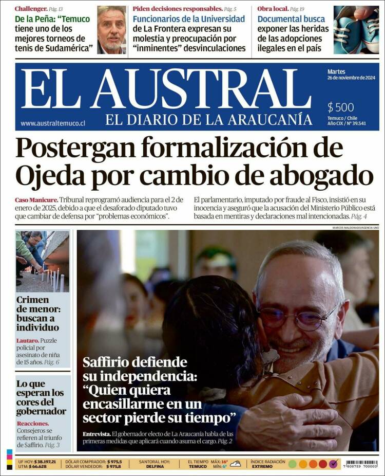 Portada de El Austral de Temuco (Chile)
