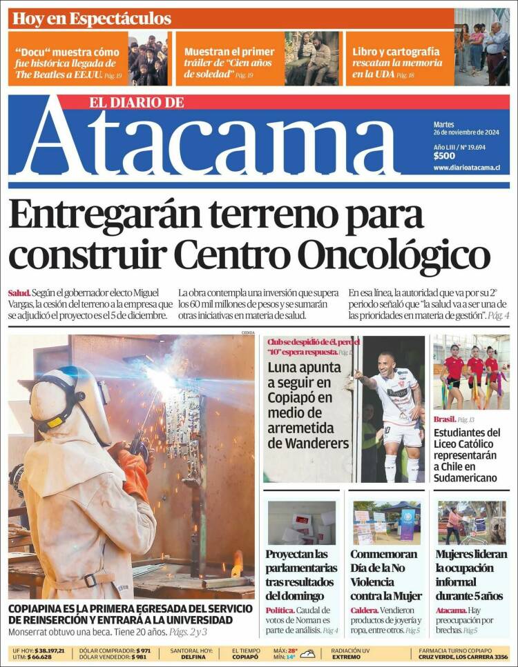 Portada de Diario de Atacama (Chile)