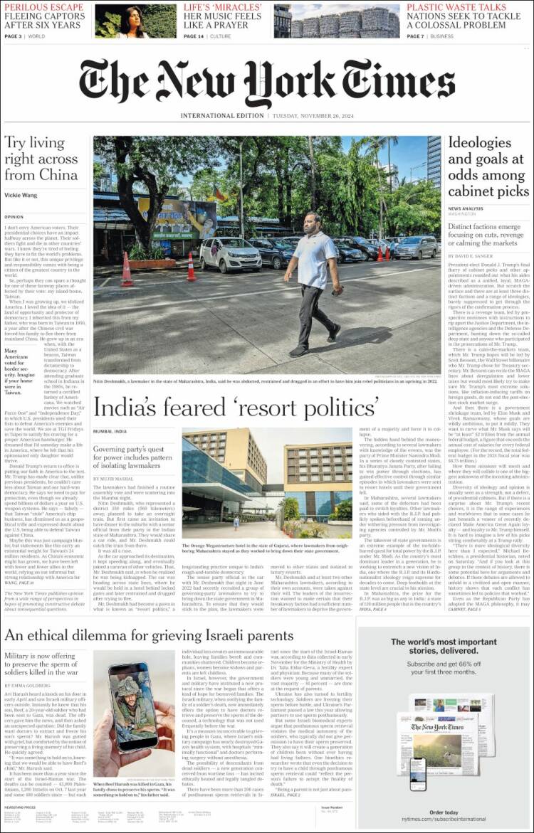 Portada de International New York Times (Europa)