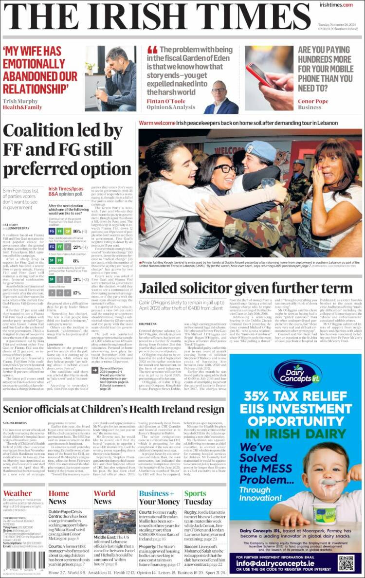 Portada de Irish Times (Irlanda)