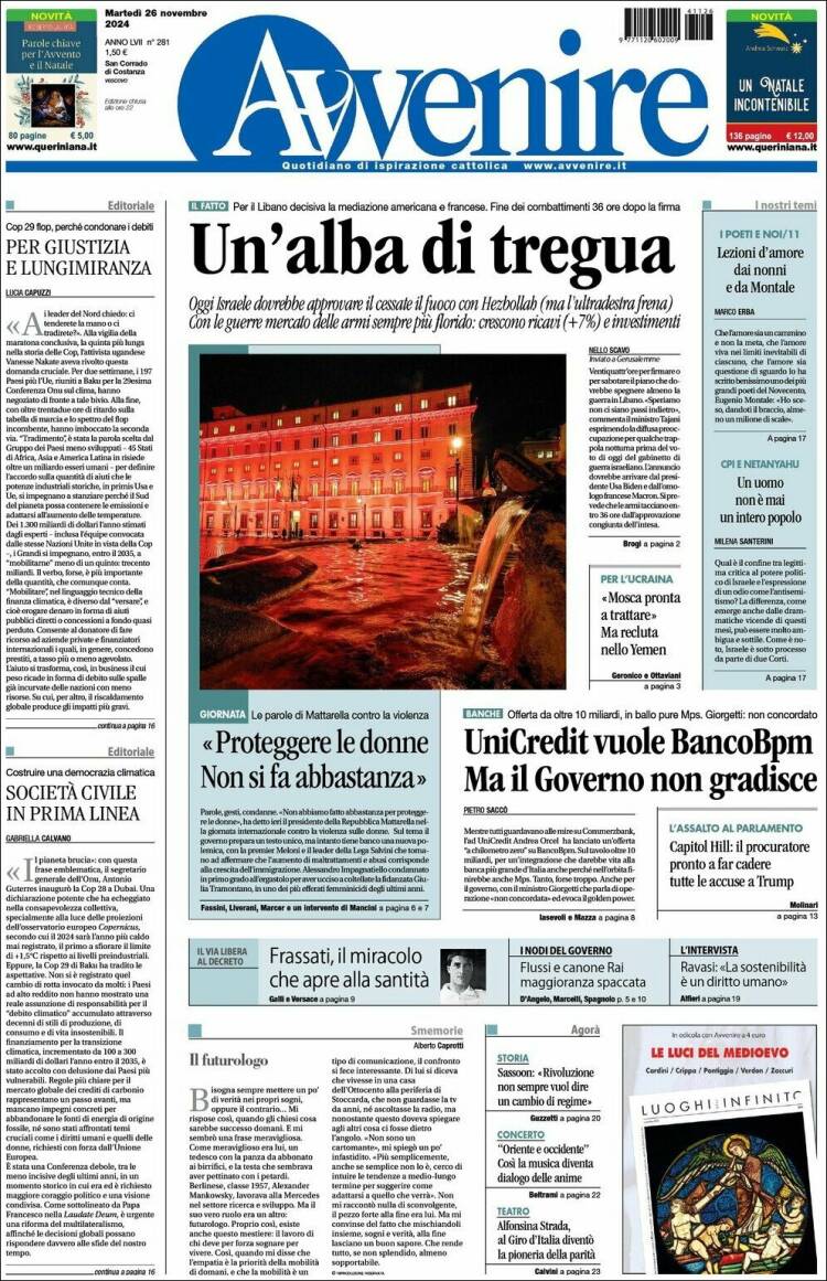 Portada de Avvenire (Italia)