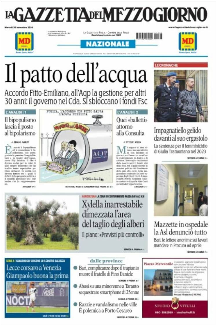 Portada de La Gazzetta del Mezzogiorno (Italia)