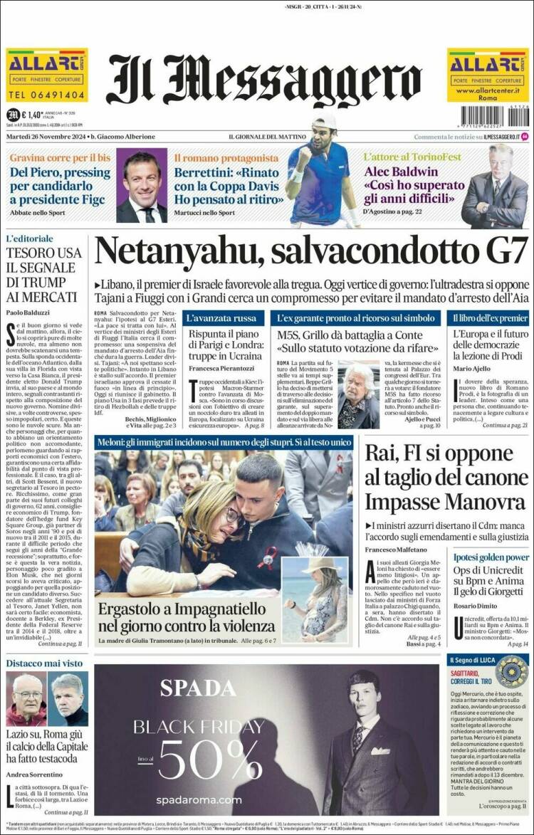 Portada de Il Messaggero (Italia)