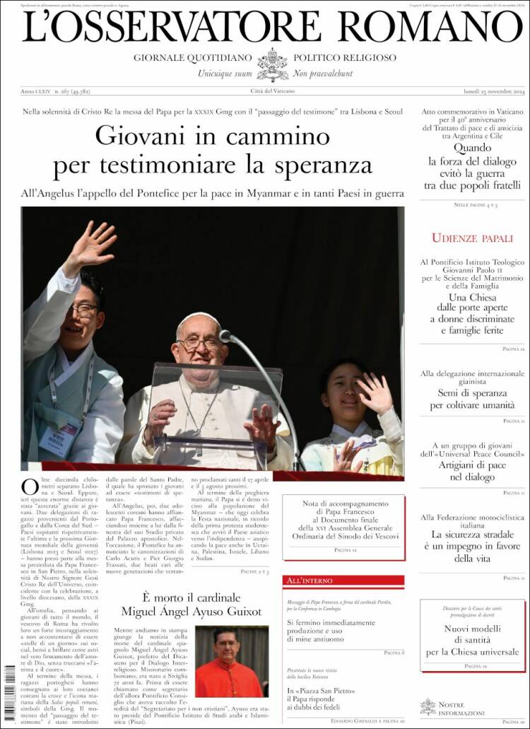 Portada de L'Osservatore Romano (Italia)