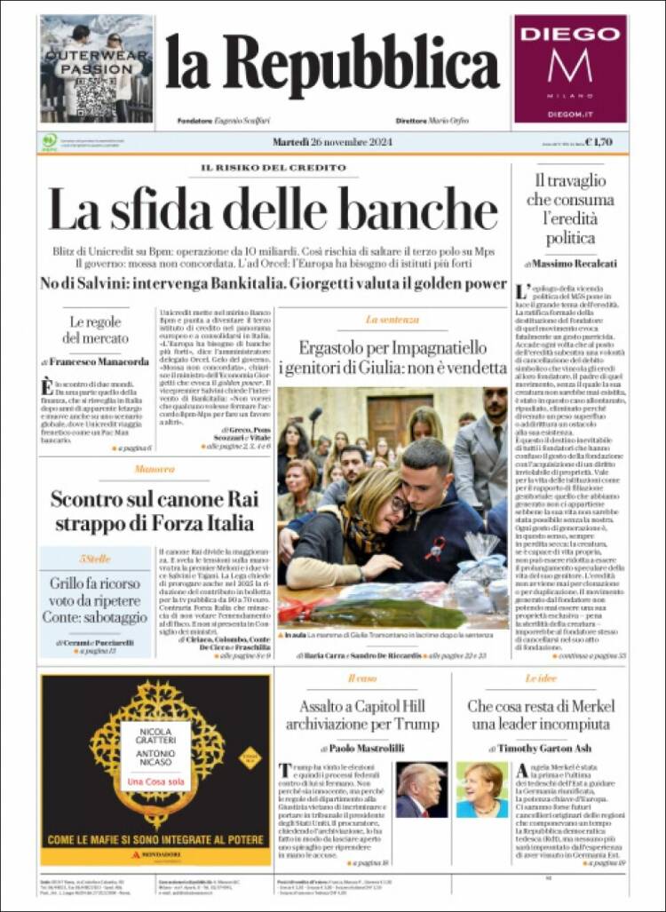 Portada de La Repubblica (Italia)