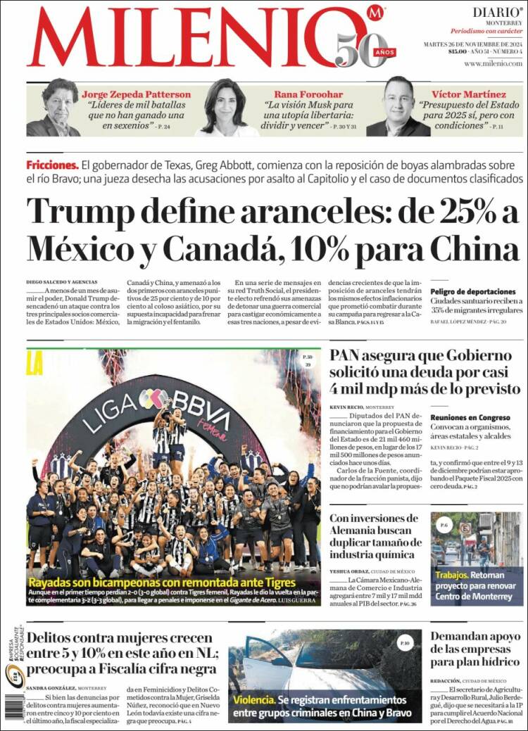 Portada de Milenio de Monterrey (México)