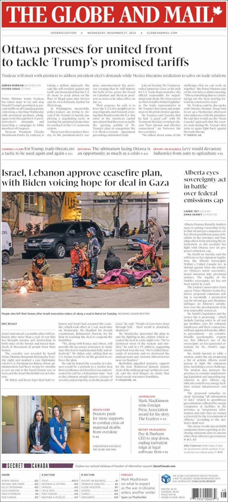 Portada de The Globe and Mail (Canadá)