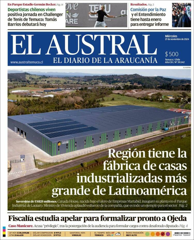 Portada de El Austral de Temuco (Chile)